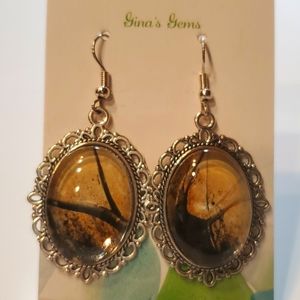 Jewelry earrings resin and painting Brown  And silver handcrafted new